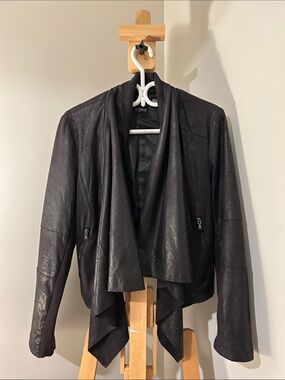 Dex | Waterfall Draped Open-Front Jacket in Faux Leather | Size L